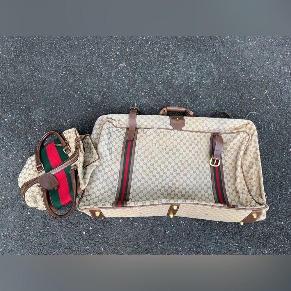 Gucci Beige and Brown Travel Bag with Green and Red Accents